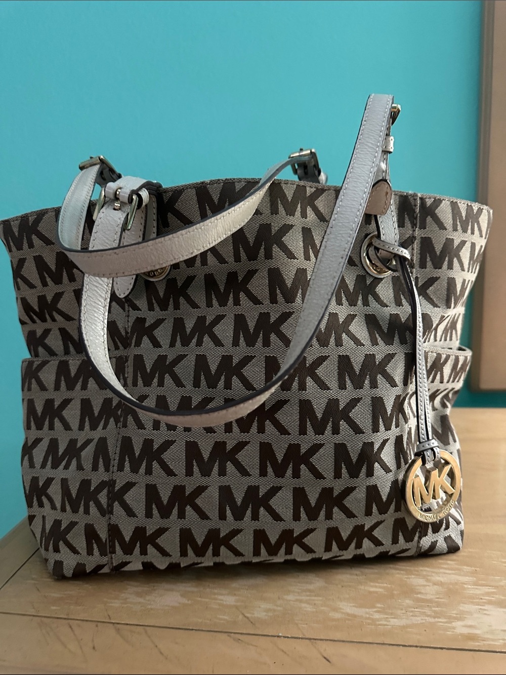 Michael Kors Gray MK Logo Tote with Gold MK Charm